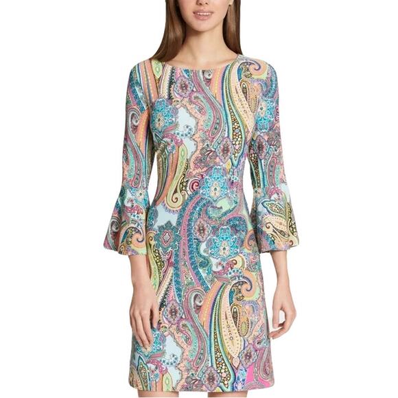 TOMMY HILFIGER Dress Size 2/XS Petite Multicolor Bold Jaipur Paisley Bell Sleeve - Picture 1 of 8
